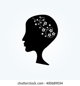 Woman silhouette with stars in head. Vector