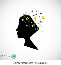 Woman silhouette with stars in head. Vector