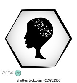 Woman silhouette with stars in head. Vector