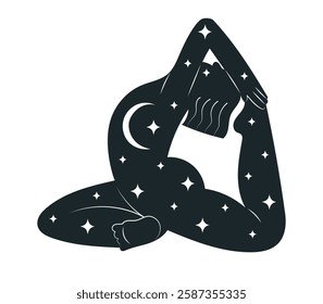 Woman silhouette with stars and moon performing yoga, concept of finding yourself and tranquility. Hand drawn vector illustration in flat design