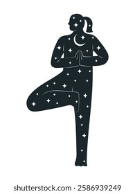 Woman silhouette with stars and moon standing in yoga pose, concept of balance, inner peace and tranquility. Hand drawn vector illustration in flat design