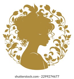 Woman silhouette surrounded by vintage flowers in art nouveau style. Face side view. Vector Gold beautiful woman silhouette on white background. Old retro nouveau style isolated decorative design.