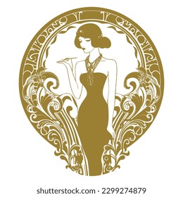 Woman silhouette surrounded by vintage flowers in art nouveau style. Vector Gold beautiful woman silhouette on white background. Old retro antique style isolated decorative luxury design.