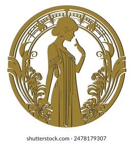 Frau Silhouette umgeben von Vintage Blumen im Jugendstil. Vektorgrafik Gold schöne Frau Silhouette auf weißem Hintergrund. Alte Retro-antike Stil isoliert dekoratives Luxus-Design.