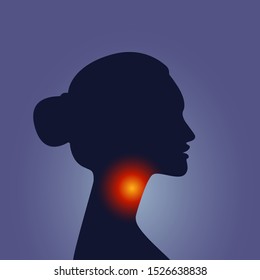 Woman silhouette throat irritation, sore throat, symptom of flu, health problems. Vector illustration in neon light style, medical concept human head profile, icon, healthcare service logo, flat style