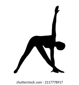 Woman silhouette in triangle yoga pose. Trikonasana pose in hatha yoga. Vector illustration isolated in white background