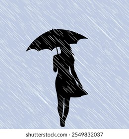 Woman silhouette with umbrella in a rainy and windy day