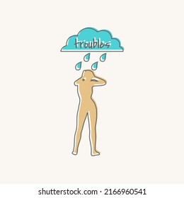 Woman silhouette under stormy rainy clouds on white background. Concept illustration about sadness and depression. Troubles text