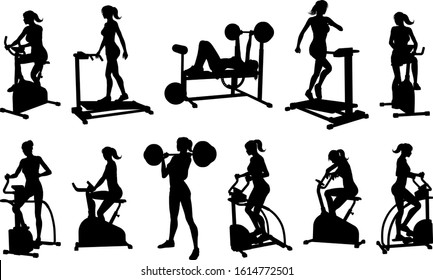 A woman in silhouette using pieces of gym fitness equipment and machines set