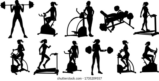 A woman in silhouette using pieces of gym fitness equipment and machines set