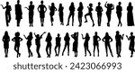 Woman Silhouette, various poses of women, black figures, white background. Ideal for fashion, design projects, illustrations. Diverse styles, postures, standing, dancing, walking