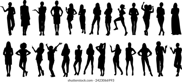 Woman Silhouette, various poses of women, black figures, white background. Ideal for fashion, design projects, illustrations. Diverse styles, postures, standing, dancing, walking