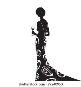 Woman In Silhouette Wearing An Elegant Black Dress With Flower Design, Holding A Glass Of Red Wine, Black And White, On A White Background, Vector, Illustration