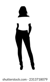 Woman silhouette wearing a white T shirt isolated on white background