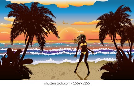 Woman silhouette in yellow bikini on tropical beach at sunset.