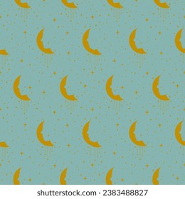Woman silhouette yellow-blue seamless pattern. Abstract celestial elements.