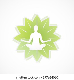 Woman silhouette in yoga lotus pose sign or icon green leafs design fitness sticker