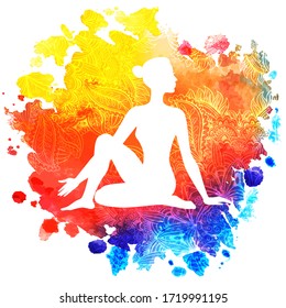 Woman silhouette in yoga pose on decorative mandala ornament and colorful watercolor spot background, vector illustration for design, template for yoga studio.