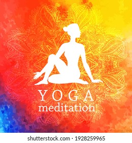 Woman silhouette in yoga pose on decorative mandala ornament and colorful watercolor spot background, vector illustration for design, template for yoga studio.