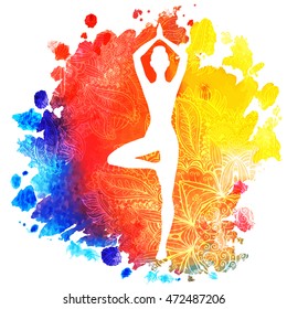 Woman Silhouette Yoga Pose On Decorative Stock Vector (Royalty Free ...