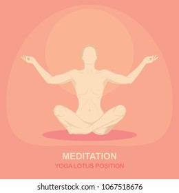 Woman silhouette in yoga pose and sunrise on background.
Meditation concept hand drawn illustration.
Yoga lotus position.  