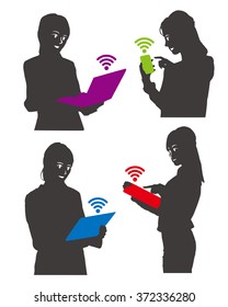 woman silhouettes with mobile device(smart phone, table pc, laptop) and wireless communication icon, vector illustration