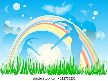 Woman silhouettes on rainbow background