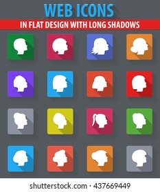 woman silhouettes web icons in flat design with long shadows