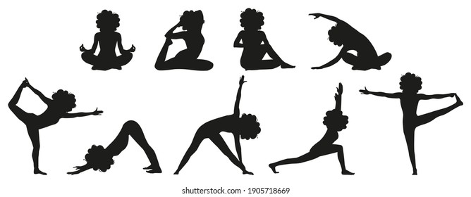 Woman silhouettes yoga poses set. Black vector shapes of girl isolated on white background.