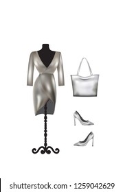 Woman silver outfit set, dress, handbag and shoes, vector