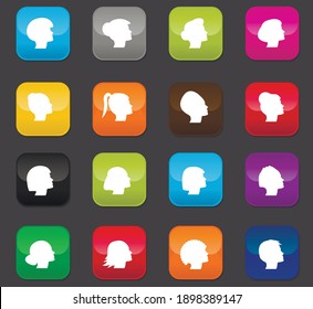 Woman simply icons for web and user interfaces. Colored buttons on a dark background
