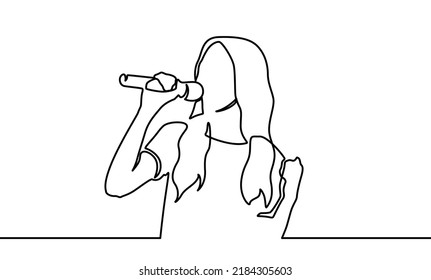 Woman sing a song continuous one line drawing of singer music person. Singer in continuous line art drawing style. Young woman holding microphone and singing. Black linear sketch isolated on white