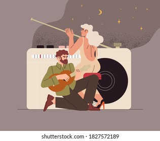 Woman sing song and man play the guitar on radio. Radio channel popular retro music track. Vector illustration with characters musicians. World radio day poster, greeting card, banner, web page.