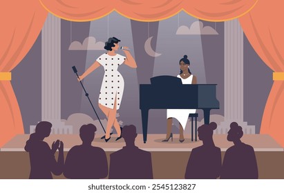 Woman sing in theater. Young girl performs on stage with microphone. Vocalist and pianist on stage. Theater, concert and opera. Cultural recreation and leisure. Flat vector illustration