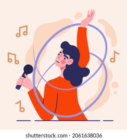 Concepto de cantante femenino. Un bonito personaje femenino vestido de rojo sostiene un micrófono y canta su canción favorita en karaoke. Amante de la música. Dibujo vectorial plano de dibujos animados aislado en fondo rosa