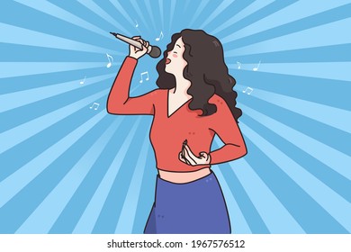 Woman singer and karaoke concept. Young positive brunette woman cartoon character singer standing and singing song in microphone over blue background vector illustration 