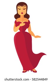 Woman singer in luxury red dress on high heels isolated on white background. Theater or opera actress acting in play. Vector illustration of lady theater-goer expressing delight from seen performance