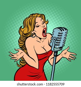 woman singer at the microphone. Music concert scene. Comic cartoon pop art retro vector illustration