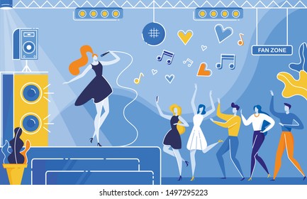 Woman Singer with Microphone Perform Song on Nightclub Stage Vector Illustration. Cartoon People Crowd Dance Fan Zone Dancefloor. Music Club Concert, Live Performance, Karaoke Night Party