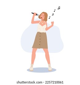 Woman Singer. woman with microphone is singing. Flat vector illustration.