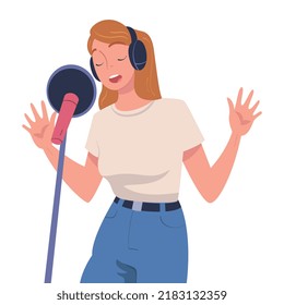 Woman Singer and Musician with Microphone Performing Music on Stage Vector Illustration