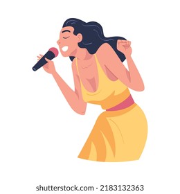 Woman Singer and Musician with Microphone Performing Music on Stage Vector Illustration