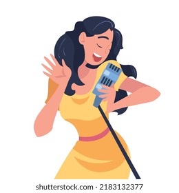 Woman Singer and Musician with Microphone Performing Music on Stage Vector Illustration