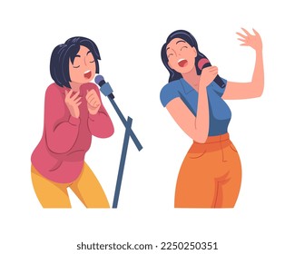 Woman Singer and Musician with Microphone Performing Music on Stage Vector Set