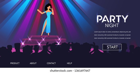 Woman Singer Perfomance on Stage People Crowd Party Night Club Vector Illustration. Girl Sing Pop Song Microphone Karaoke Retro Jazz Band Perform Music Nightclub Show Restaurant Concert