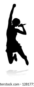 A woman singer pop, country music, rock star or even hiphop rapper artist vocalist singing in silhouette