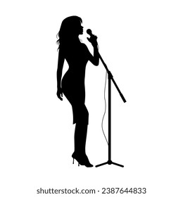 Woman singer silhouette, woman singing on mic, Singer singing silhouette, vocalist singing to microphone