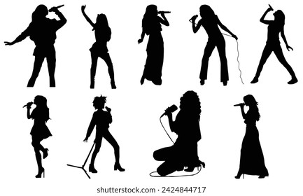 Woman singer silhouette, woman singing on mic, Singer singing silhouette, vocalist singing to microphone