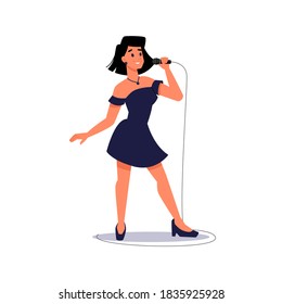 Woman Singer Singing Into Microphone Isolated Lady In Evening Dress. Vector Female Soloist Sings Karaoke Into Mic. Solo Musician, Person Band Music Group Player, Professional Vocalist In Record Studio