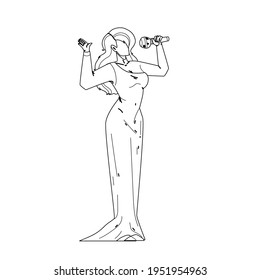 Woman Singer Singing Song In Microphone Black Line Pencil Drawing Vector. Blonde Hair Young Girl Singer In Attractive Evening Dress Holding Mic Electronic Equipment. Talent Elegant Lady Illustration